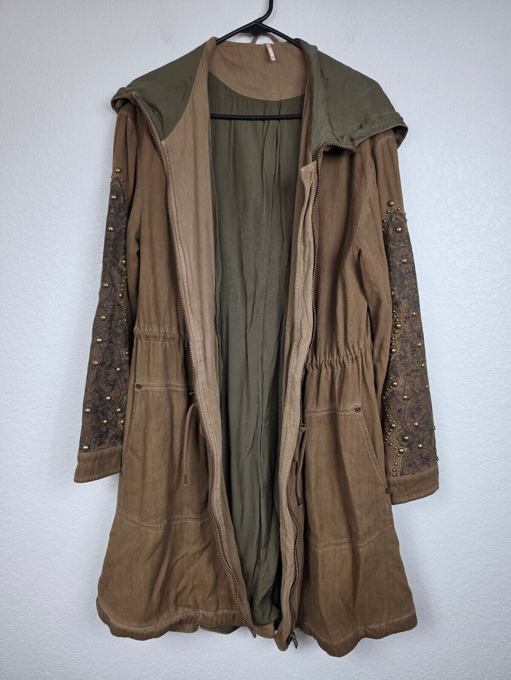 Free People Brown Hooded Studded Parka Coat Jacket XS/S